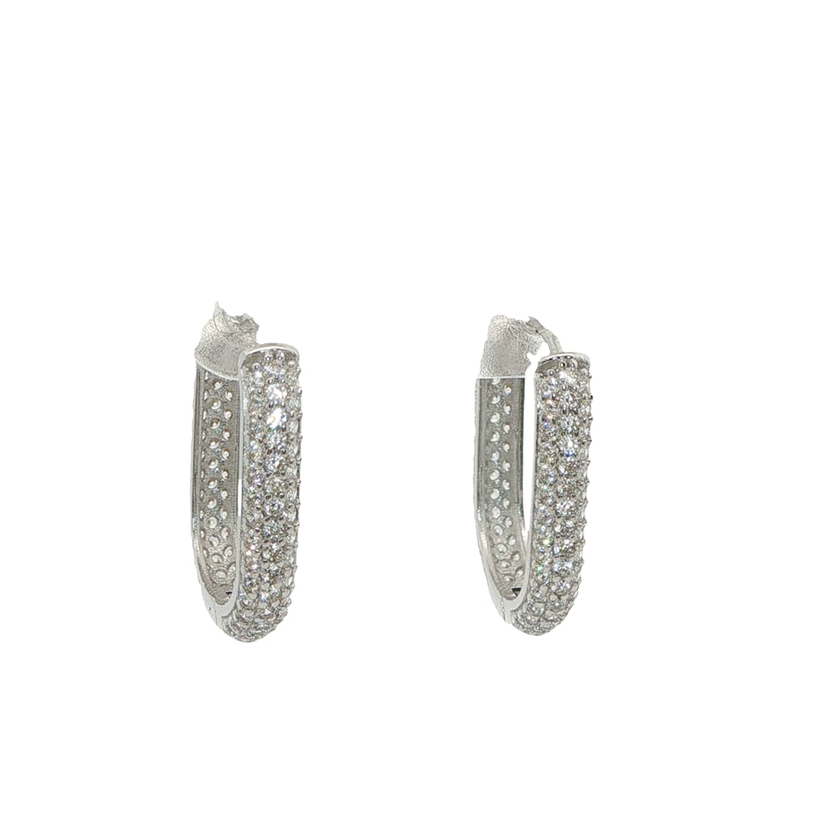 14 Ayar Beyaz Altın Pave Taşlı Oval Halka Küpe | Acar Gold