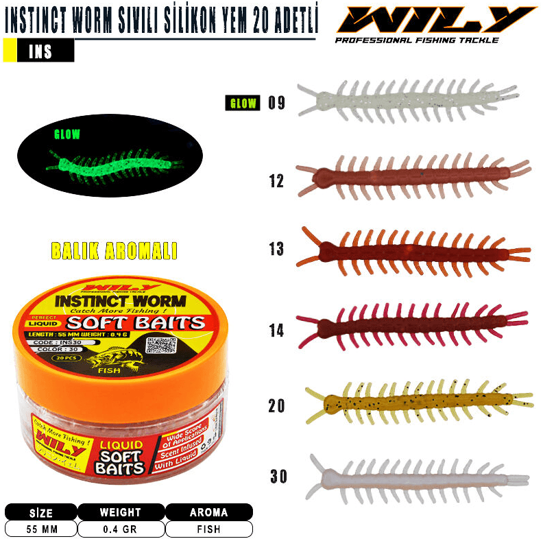 WILY Wily Instinct Worm Sıvılı 55 mm 20 Adetli Silikon Yem Silikon Yemler