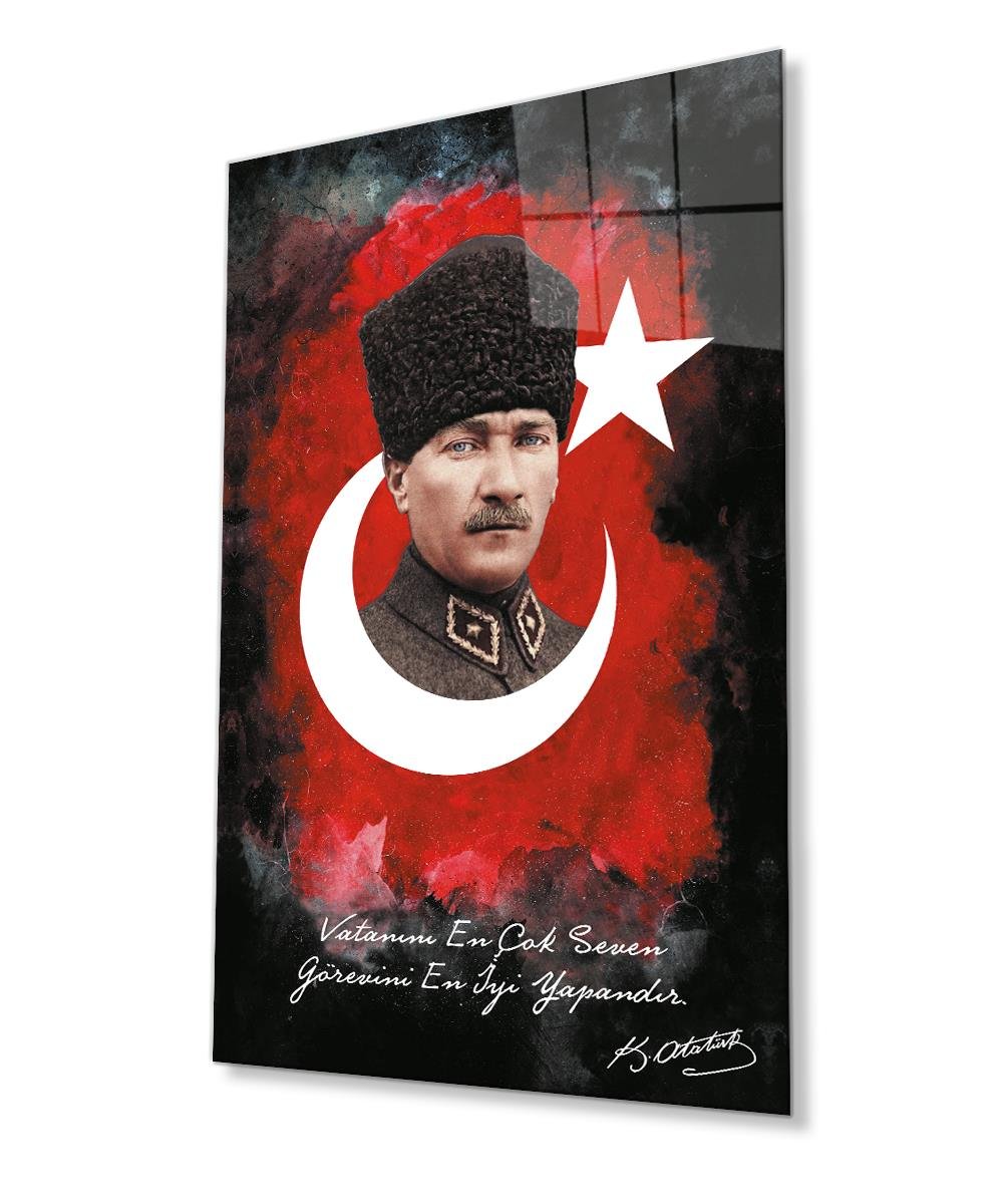 Atatürk ve Türk Bayrağı 4mm Dayanıklı Cam Tablo Temperli Cam, Ataturk Glass Wall Decor