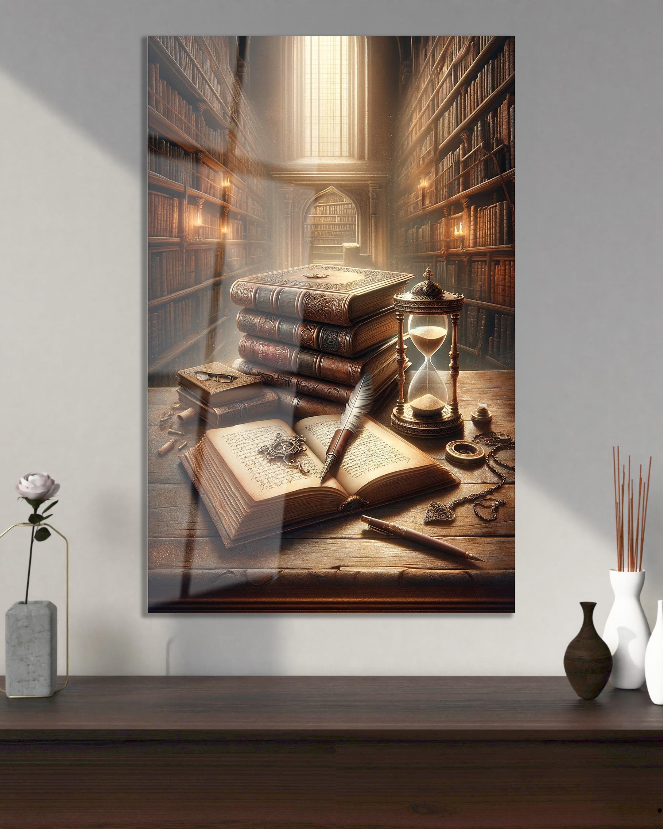 Kitap Figürlü Cam Tablo Modern Ofis Makam Odası Hediyelik Büyük Tablo Duvar Dekoru 