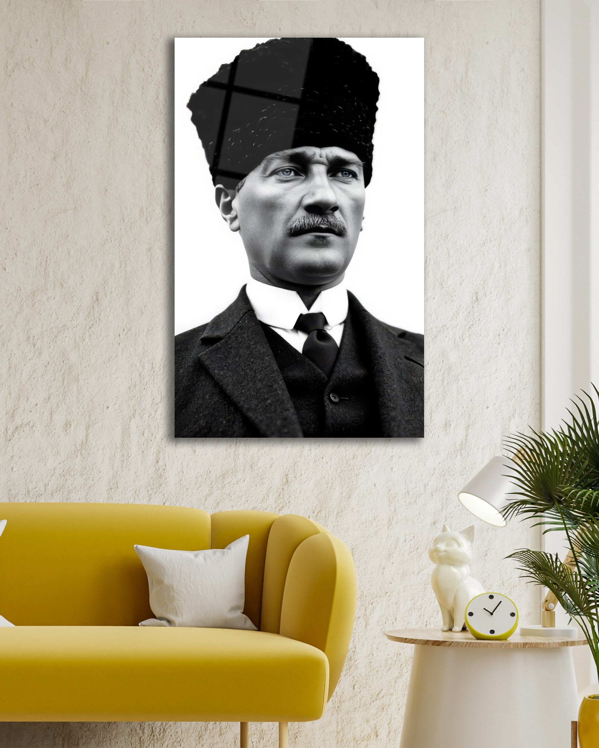 Mustafa Kemal Atatürk Siyah Beyaz Cam Tablo | Klasik Atatürk Portresi | 4 mm Temperli Cam Duvar Tablosu