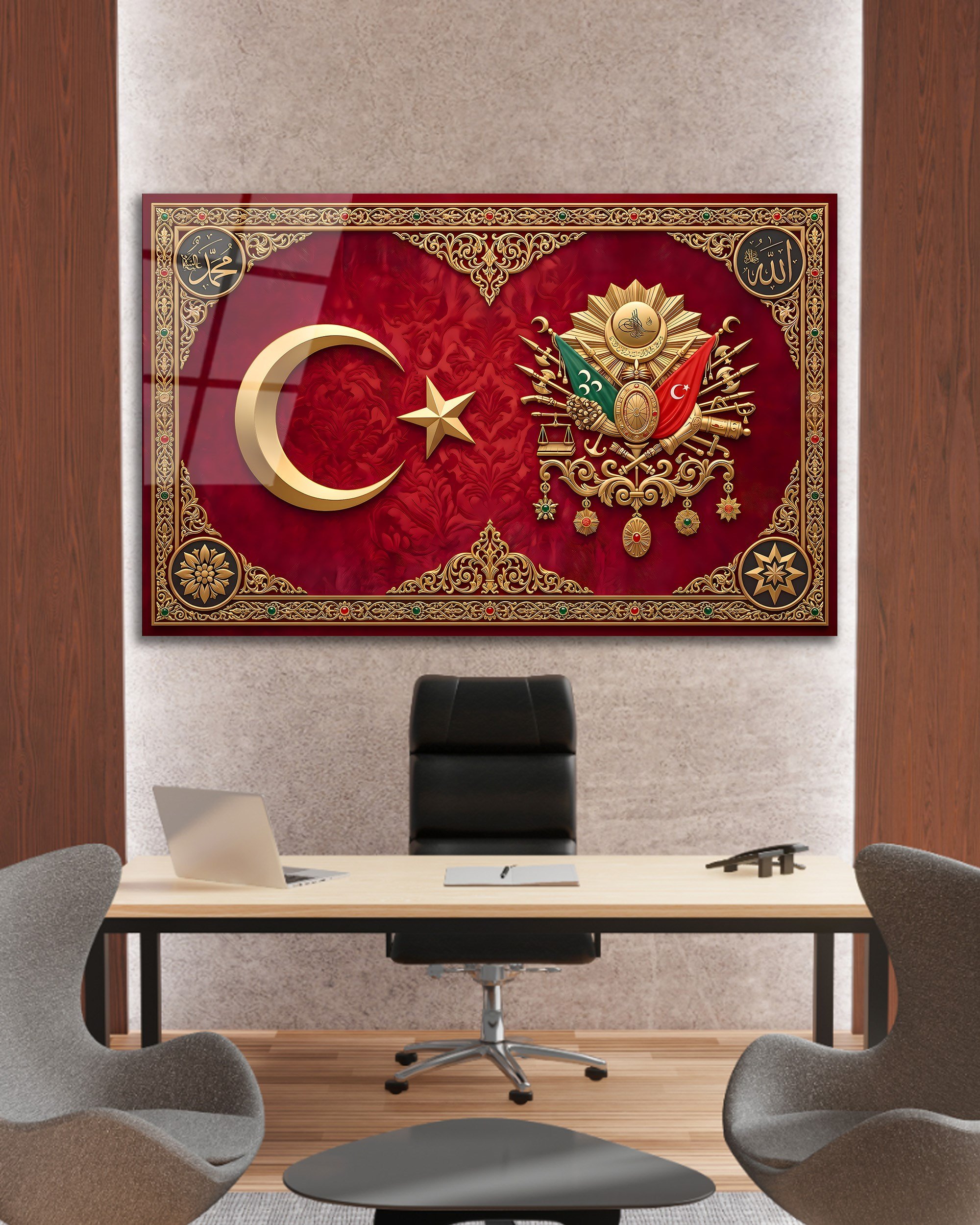 Osmanlı Armalı ve Türk Bayraklı Cam Tablo - Allah Muhammed Yazılı Lüks Duvar Dekoru