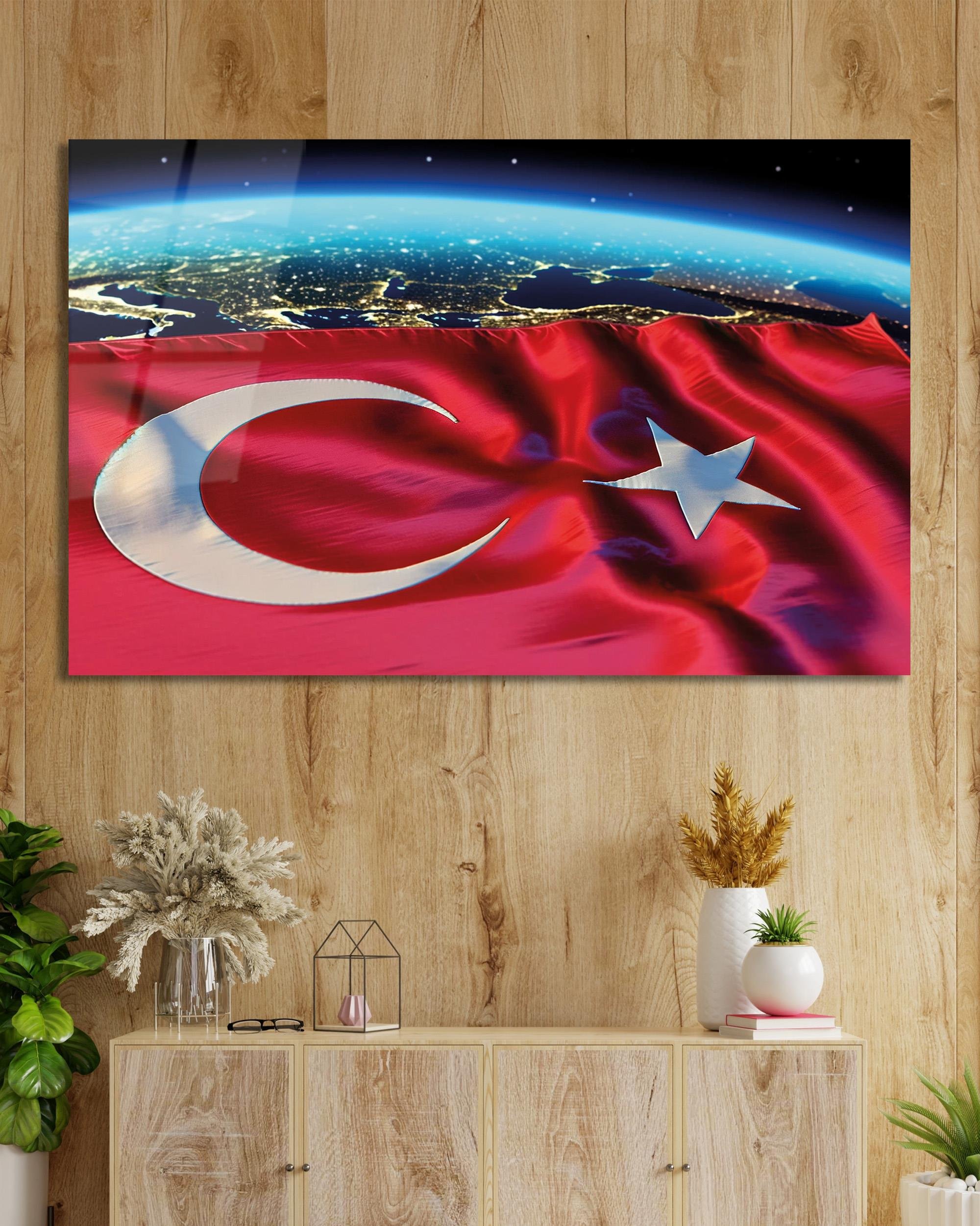 Soyut Türk Bayrağı Cam Tablo  Modern Ofis Makam Odası Hediyelik Büyük Tablo Duvar Dekoru 