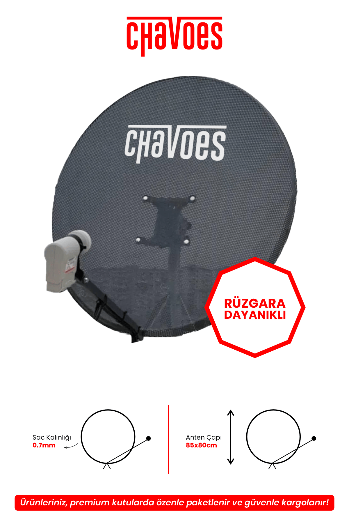 Chavoes 85 Cm Rüzgara ve Kara Dayanıklı 0,7mm Delikli Çanak Anten Seti