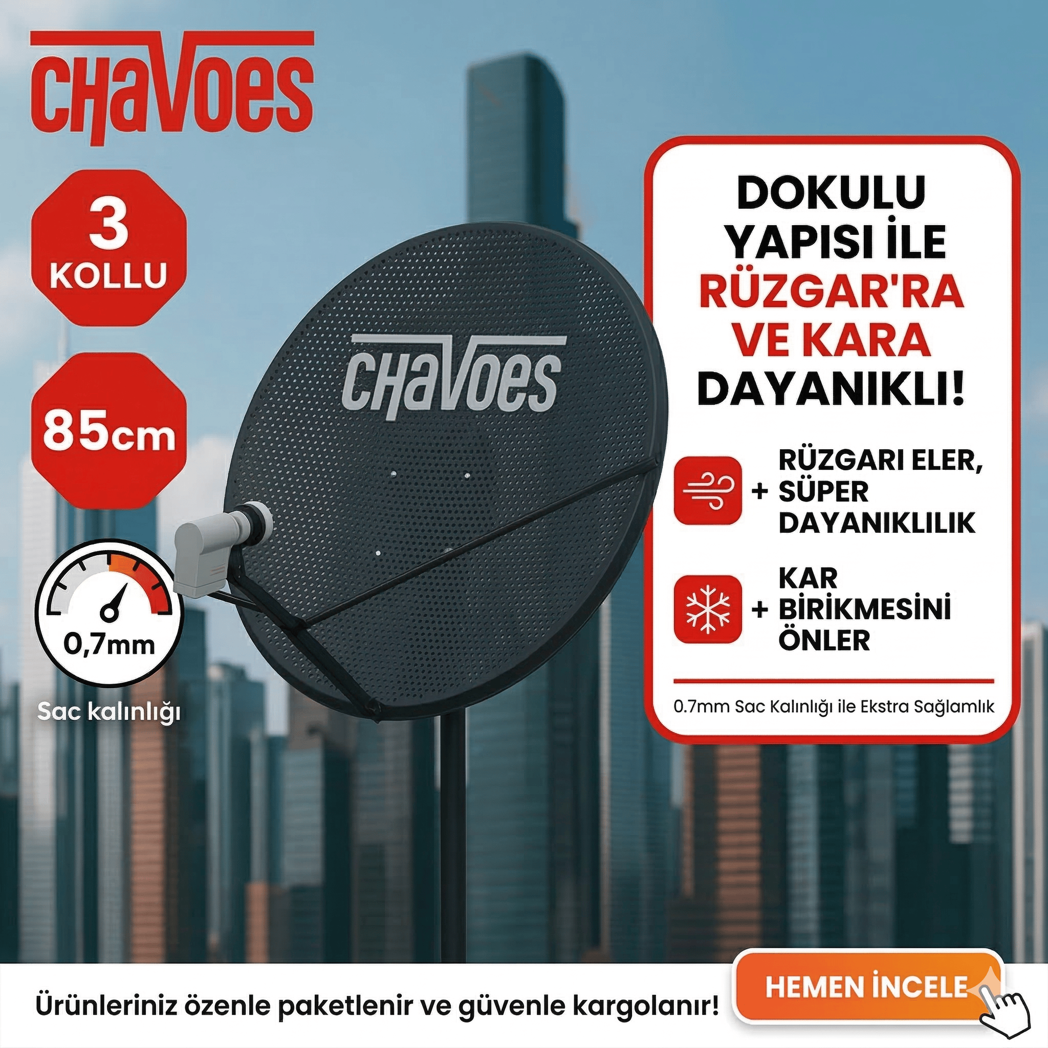 Chavoes 85 Cm Rüzgara ve Kara Dayanıklı 0,7mm Delikli Çanak Anten Seti