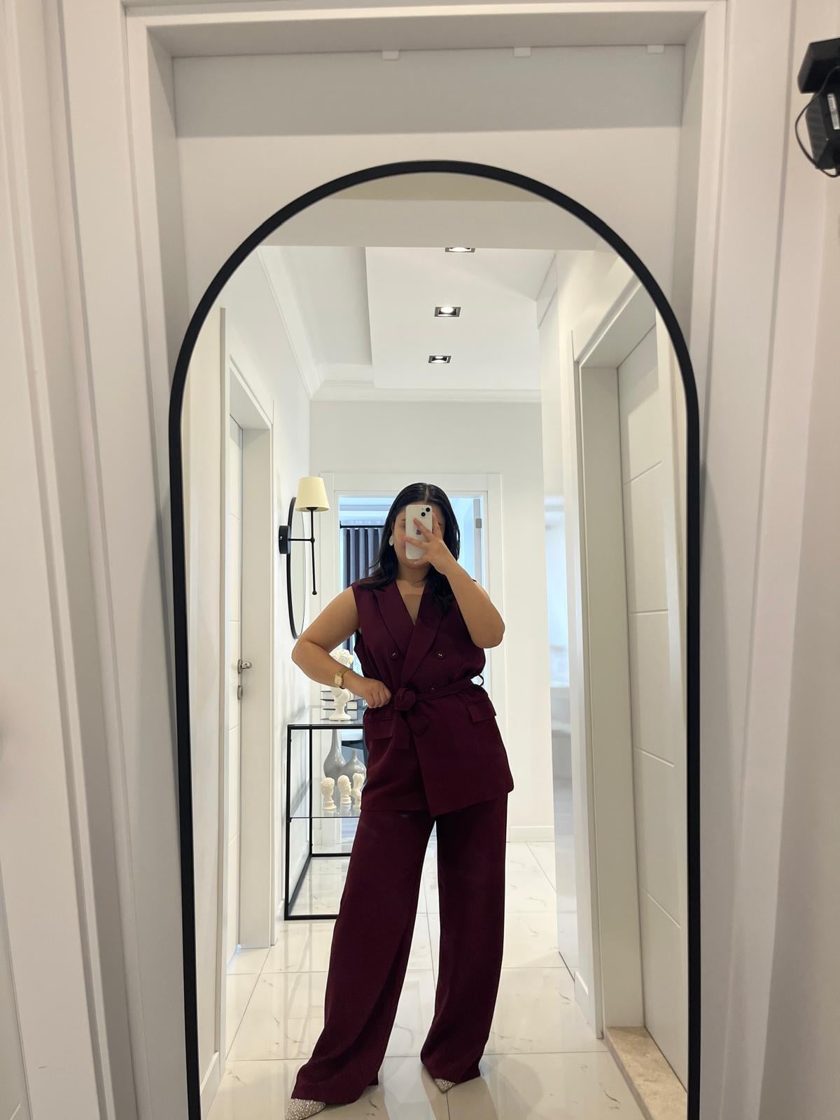 Bordo Renk Yelekli Bel Lastikli Pantolon Takım 