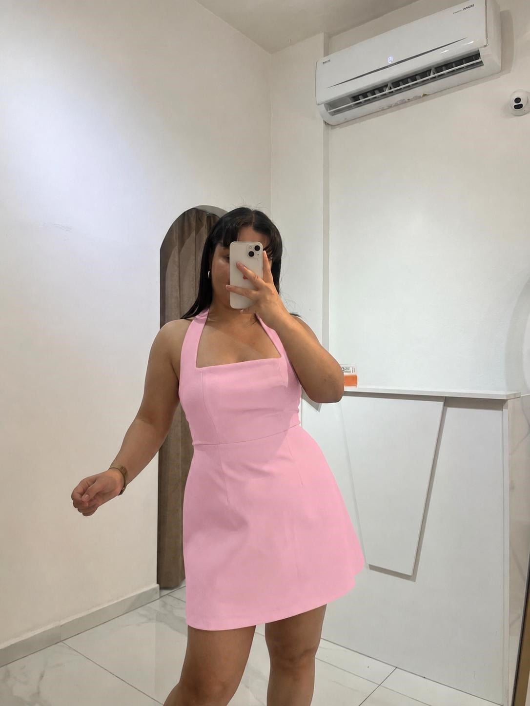 Şeker Pembe Halter Yaka Mini Elbise