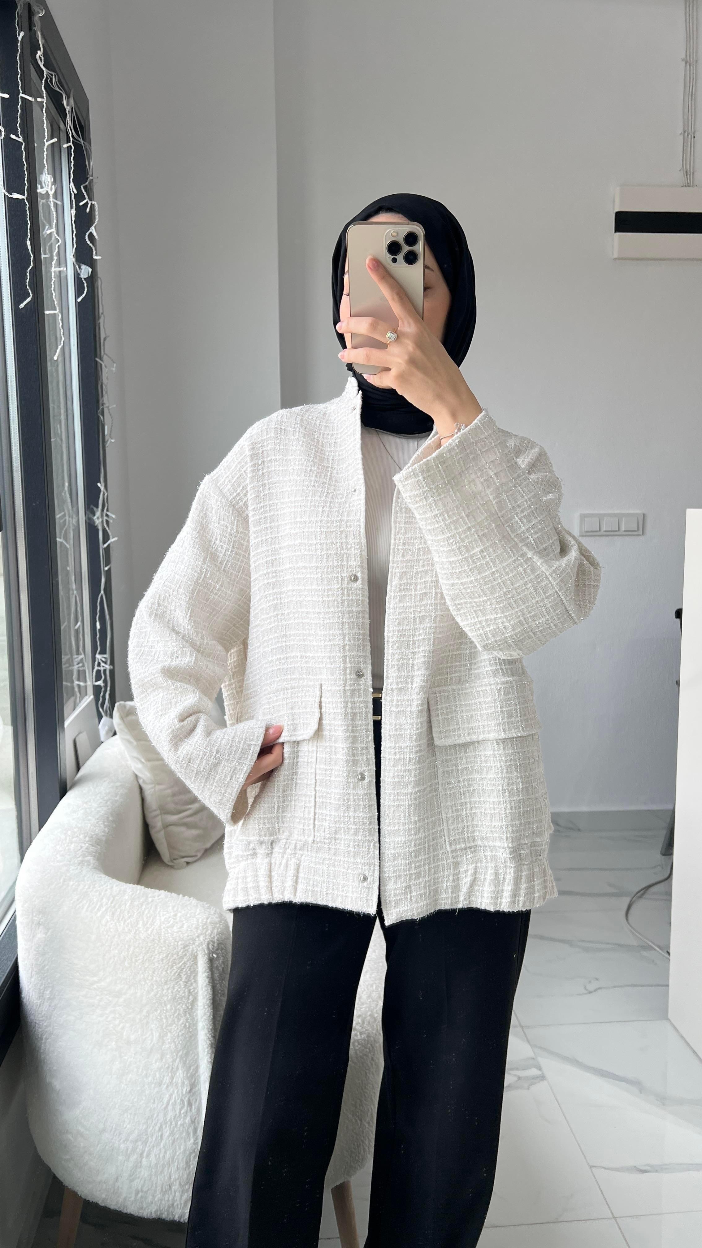 Ekru Simli Bomber Ceket