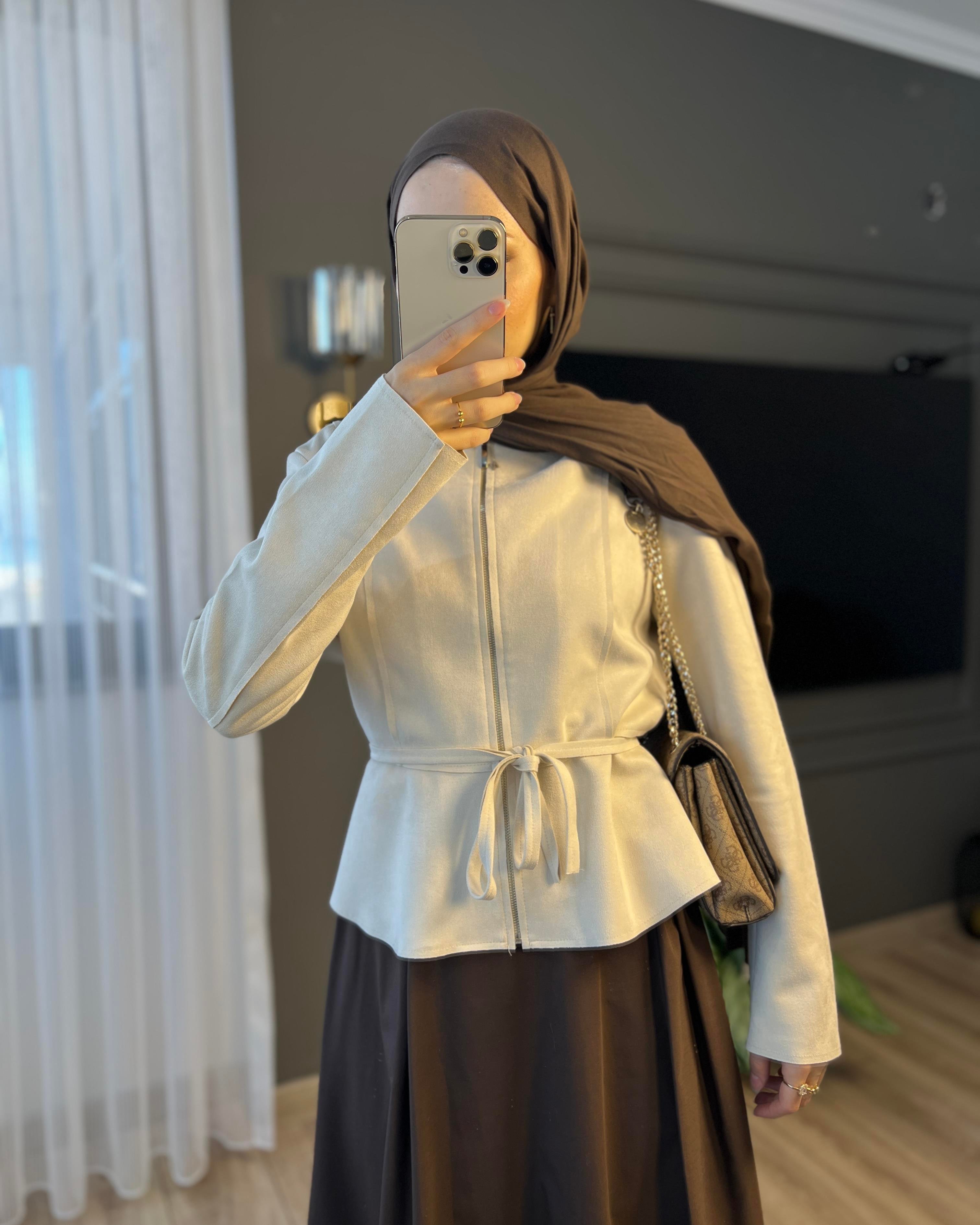 Fermuarlı Bisiklet Yaka Kısa Süet Ceket- Bej