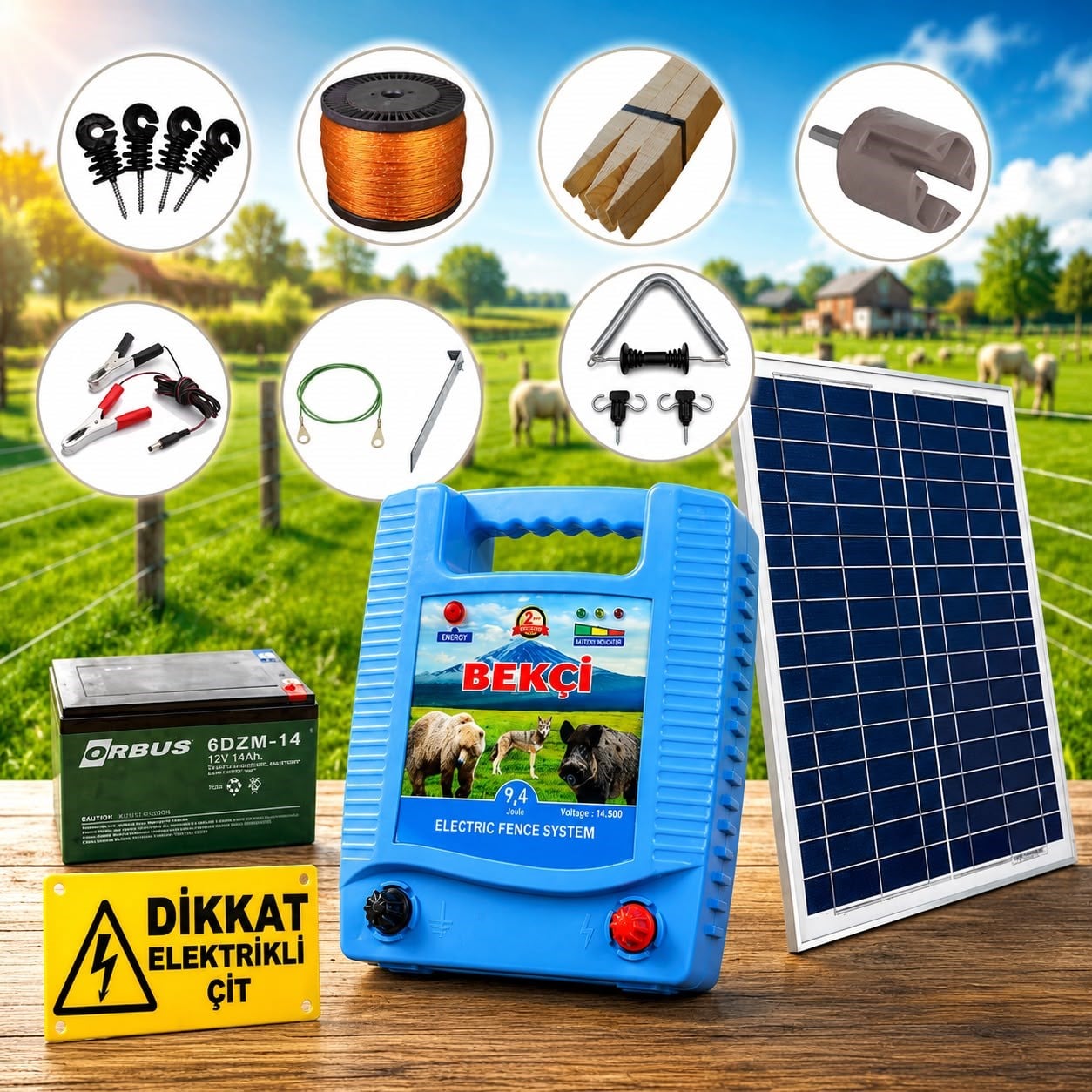 Bekçi 9.4J 30000M2 Güneş Enerjili - Sensörlü Elektrikli Çit Sistemi Ahşap Kazık Dahil