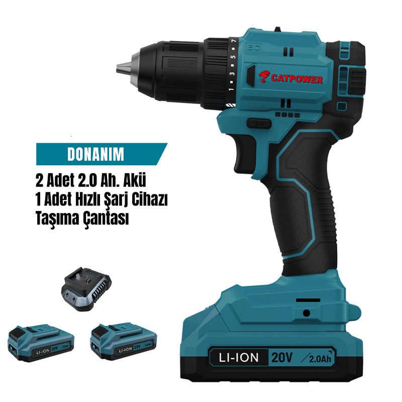 Catpower 4213  Akülü Vidalama Li-ion 45NM (Makina) Kömürsüz 10 mm +(2.0 Ah Akü 2 Adet)+(Hızlı Şarj Aleti)