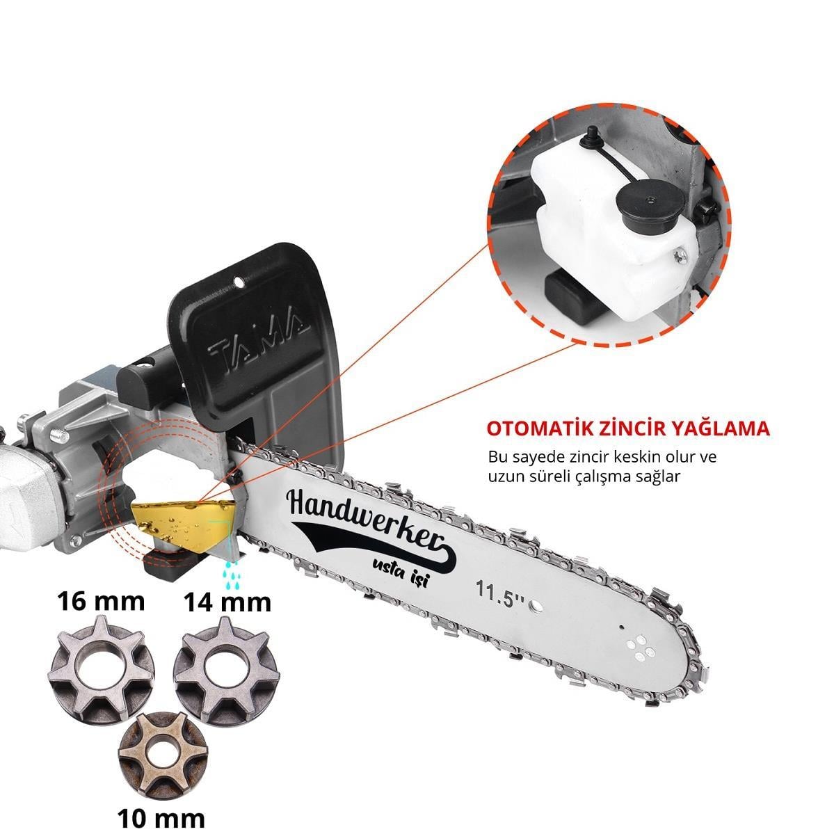 Handwerker Otomatik Yağlamalı Avuç Taşlama Zincirli Testere Aparatı 10-14-16 mm