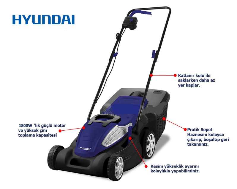 Hyundai C4205 Elektrikli Çim Biçme Makinesi 42cm 1800W ABS İtmeli