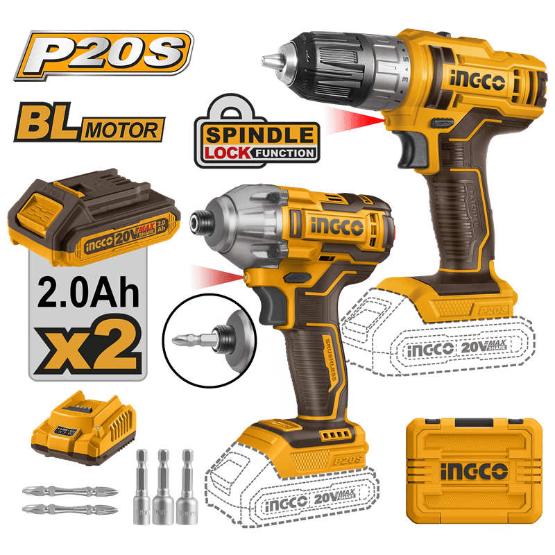 Ingco ING-COSLI230708 Li-ion Akülü 2 li Kombo Set - Matkap ve Vidalama 20V 2