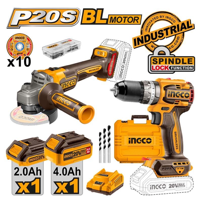 Ingco Kömürsüz Li-ion Akülü 2 li Kombo Set - Matkap Avuç Taşlama 20V 2.0/4.0 Ah