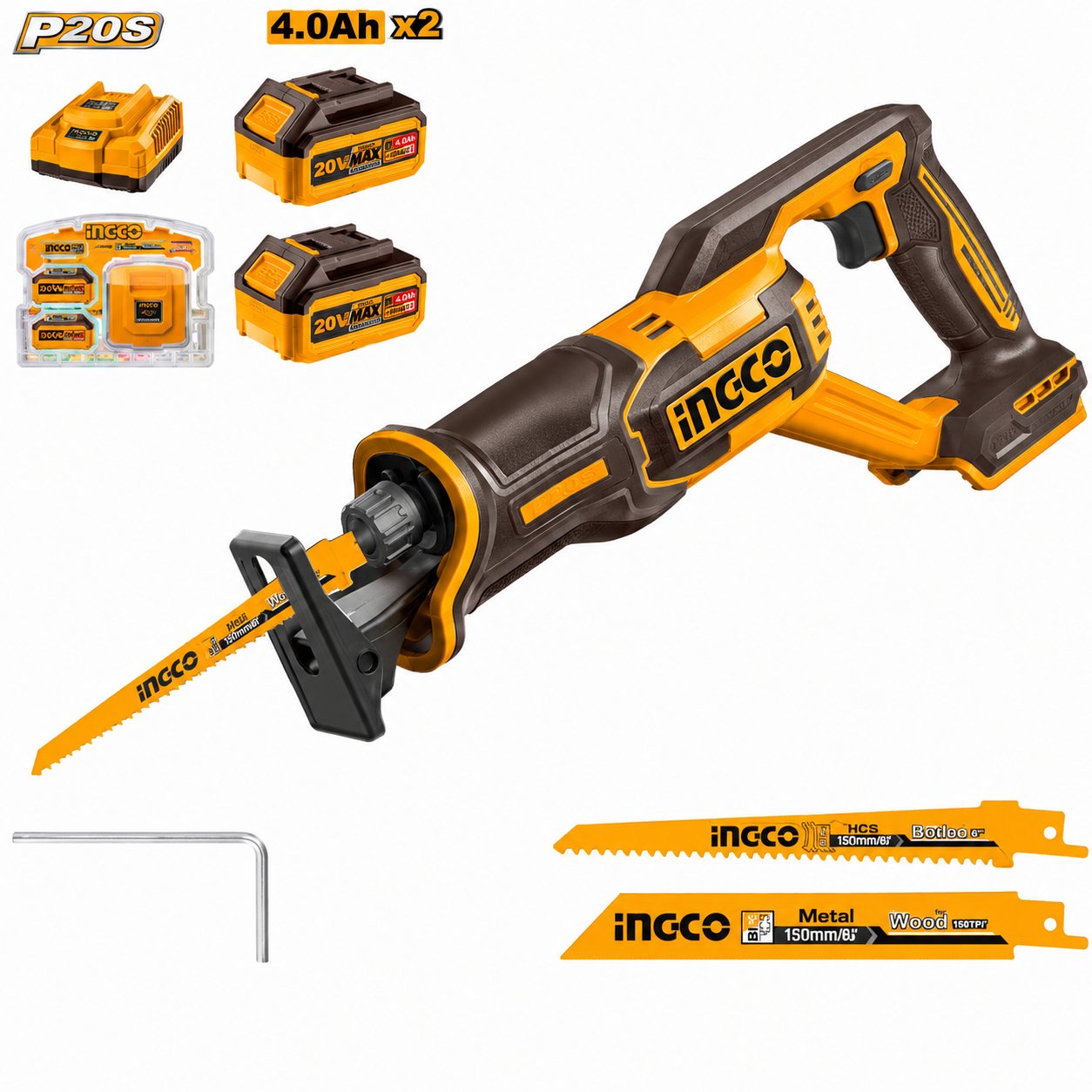 Li-ion Kömürsüz Akülü Tilki Kuyruğu Testere 20V  + Li-ion Akü ve Şarj Cihazı Seti 20V 4.AH (ING-FBCPK2013E)