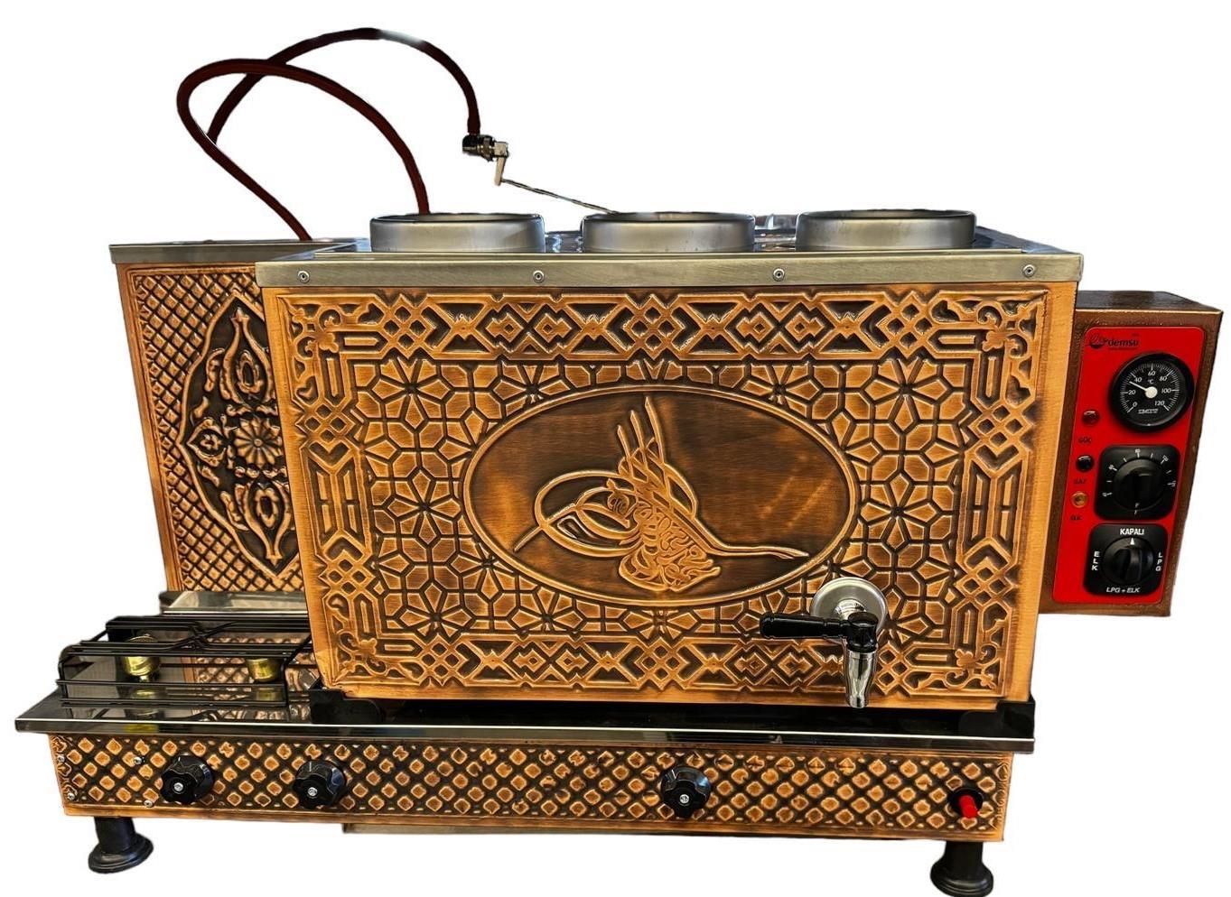 Demsu 3 Demlikli Antik Bakır Osmanlı Tuğrası Elektrik + Gazlı Full Otomatik Çay Kazanı