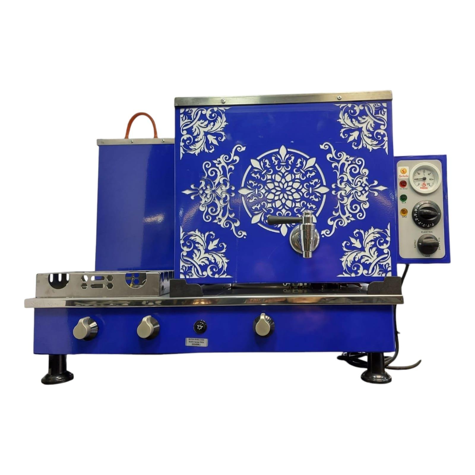 Meşale 2 Demlikli Mavi Özel İşlemeli Elektrik + Gazlı Full Otomatik Çay Kazanı