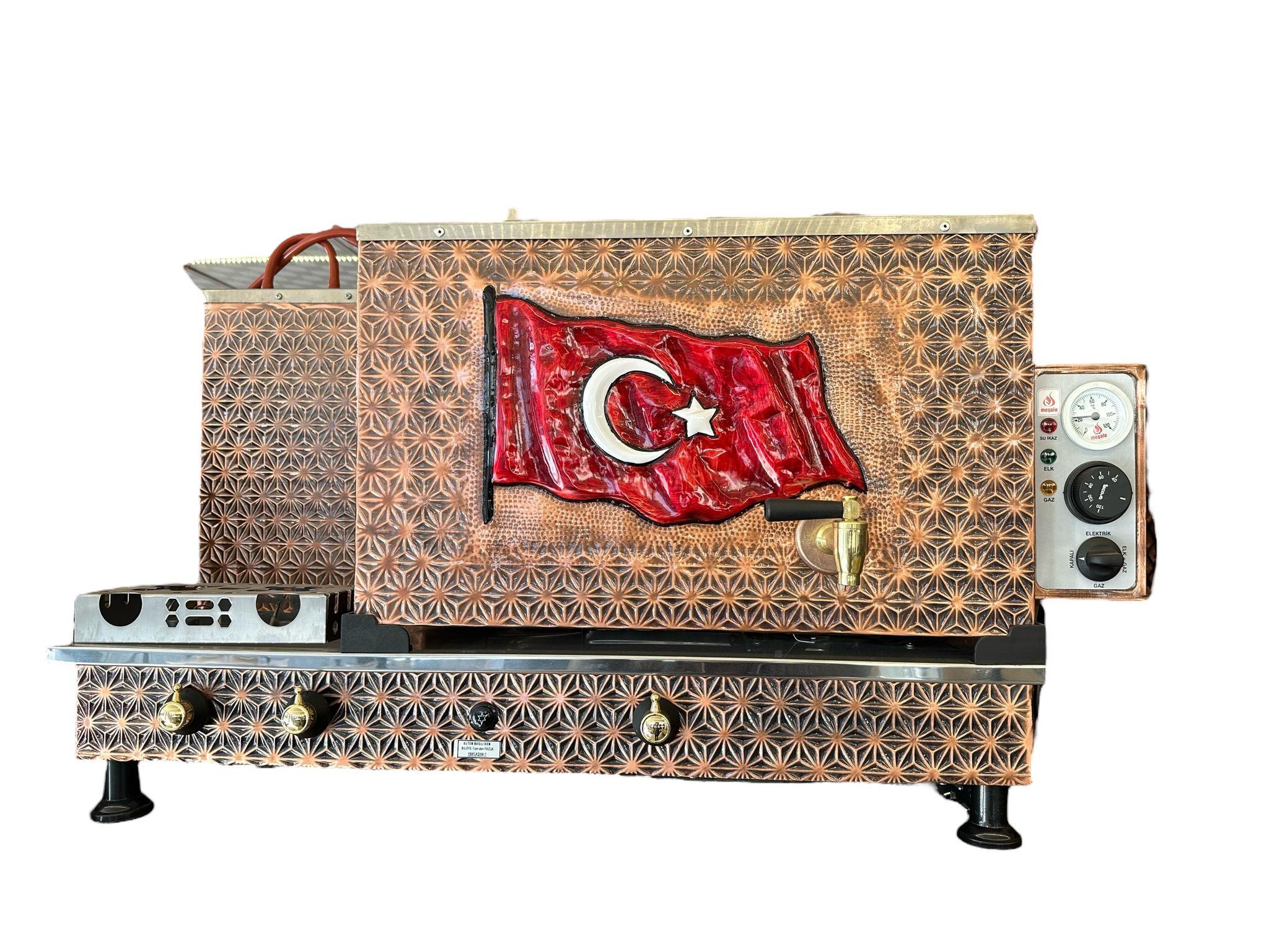 Meşale 3 Demlikli Antik Bakır Türk Bayraklı Full Otomatik Çay Kazanı