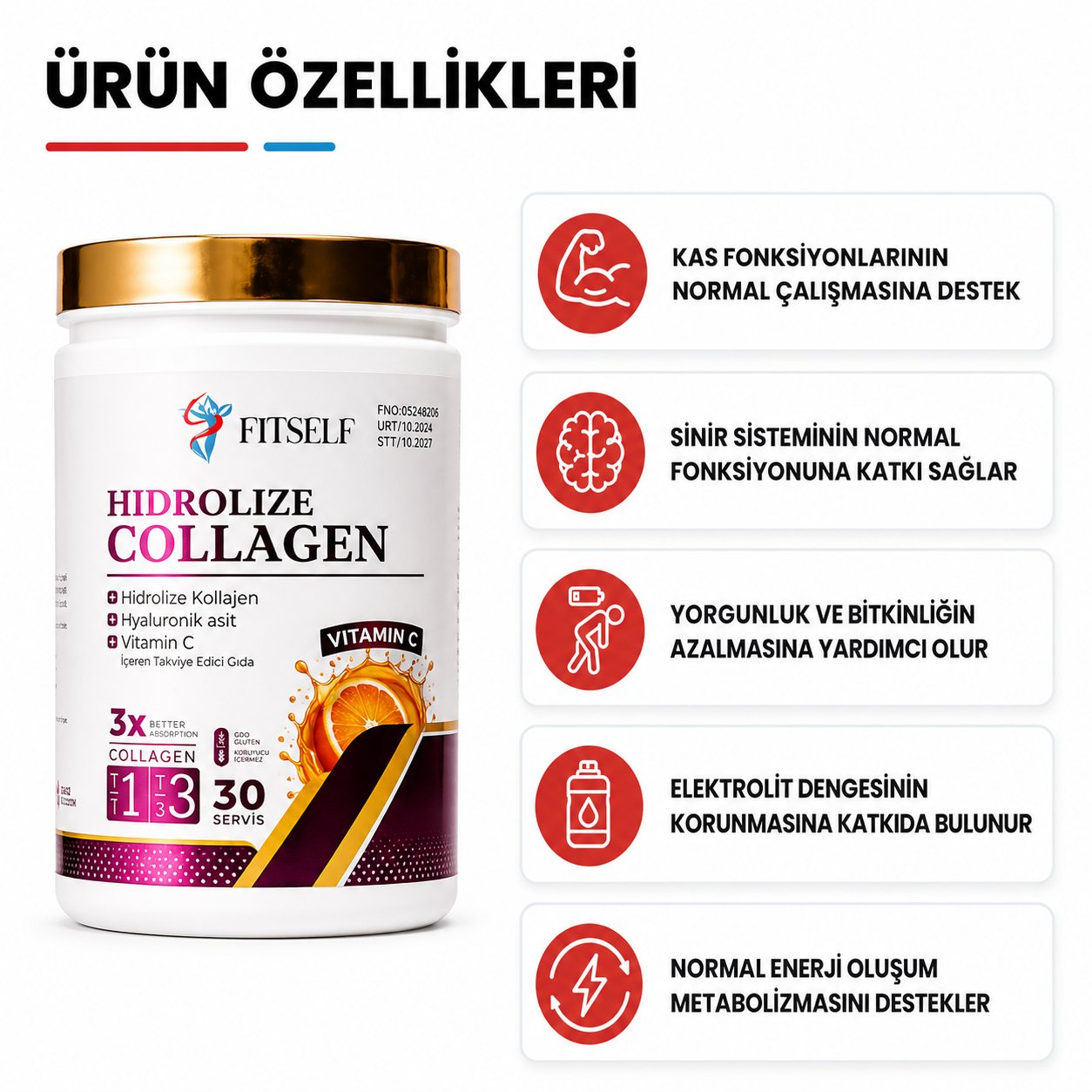 Fitself – Hidrolize Kolajen Tip 1 & 3 (Hyaluronik Asit & Vitamin C) – 30 Servis