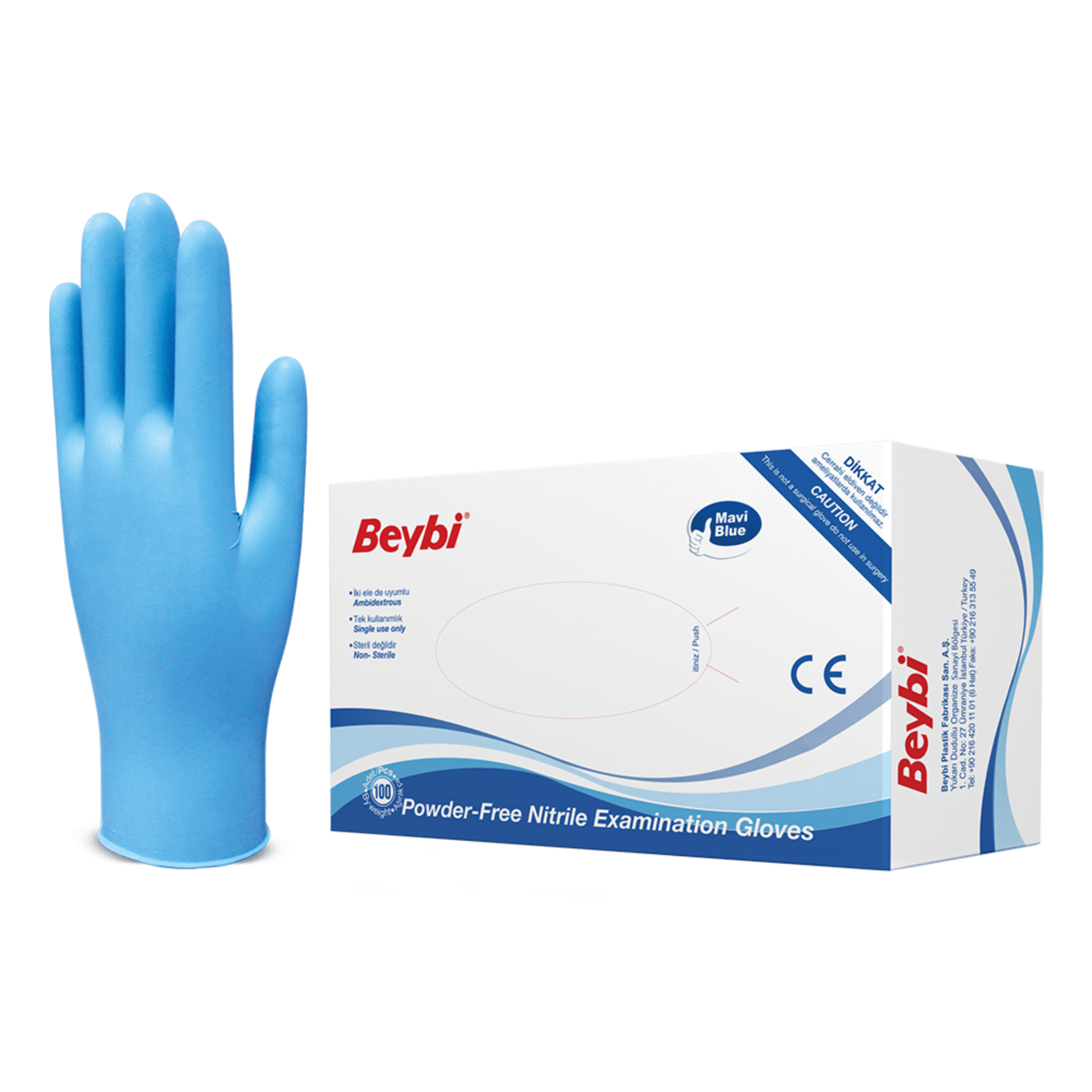 BeybiBeybi Mavi Pudrasız Nitril Muayene Eldiveni L (1 Paket)150.15.MN03