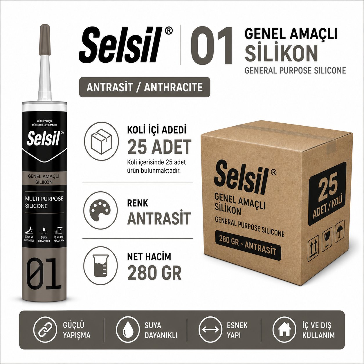 Selsil Genel Amaçlı Silikon Antrasit 280 Gr | Cam ve Doğrama SilikonuSelsilSelsil Genel Amaçlı Silikon-280 GR-AntrasitSEL-GNl-ANT
