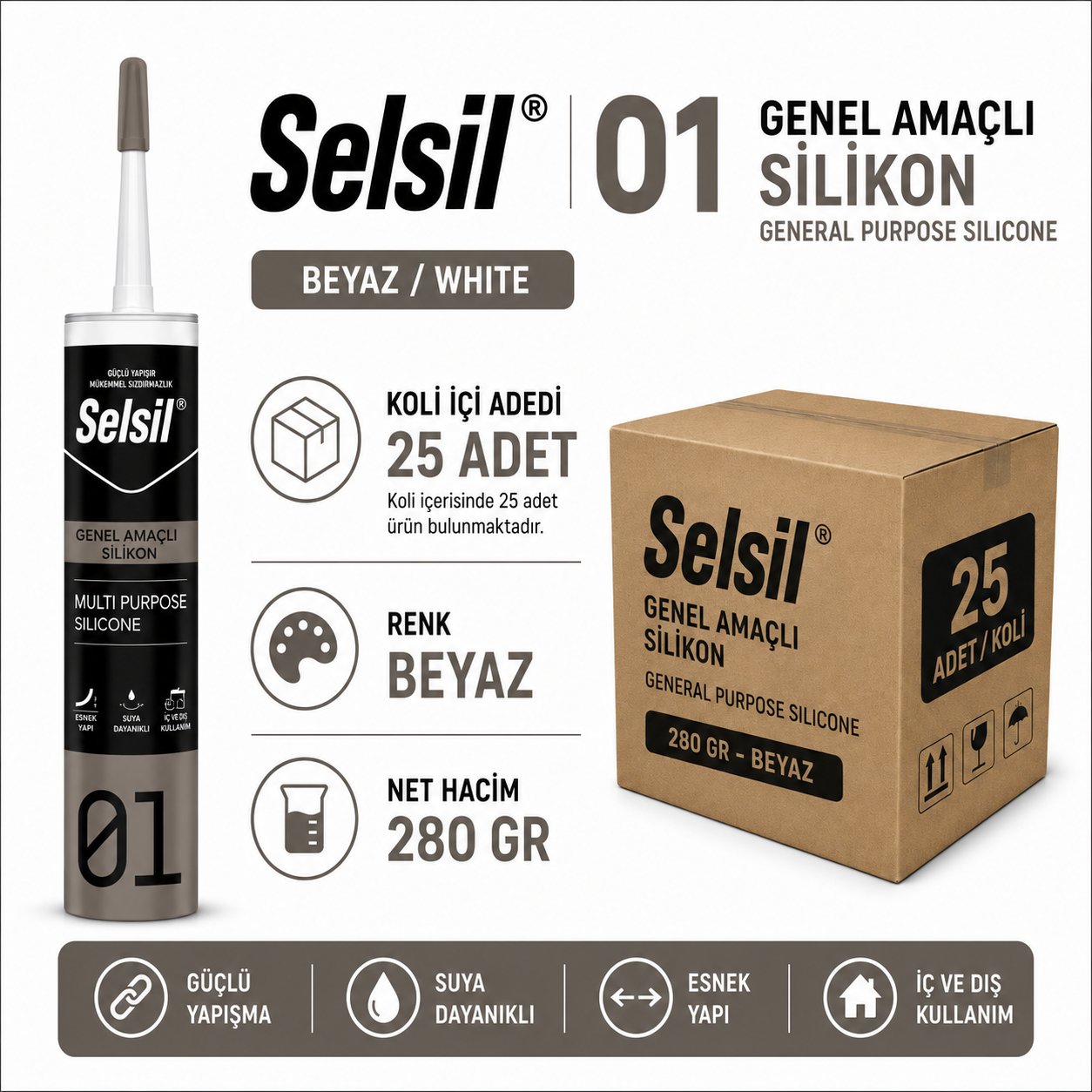 Selsil Genel Amaçlı Silikon Beyaz 280 Gr | Cam ve Doğrama SilikonuSelsilSelsil Genel Amaçlı Silikon-280 GR-BeyazSEL-GNl-BYZ