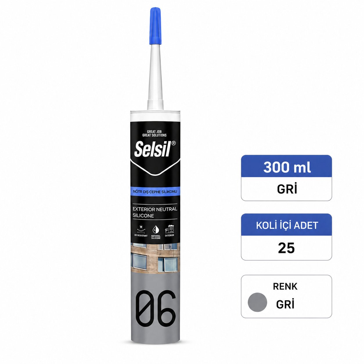 Nötr Dış Cephe Silikonu | UV Dayanımlı Cephe SilikonuSelsilSelsil Nötr Dış Cephe Silikonu Gri 300ml-25'li KoliNo-DC-Gri