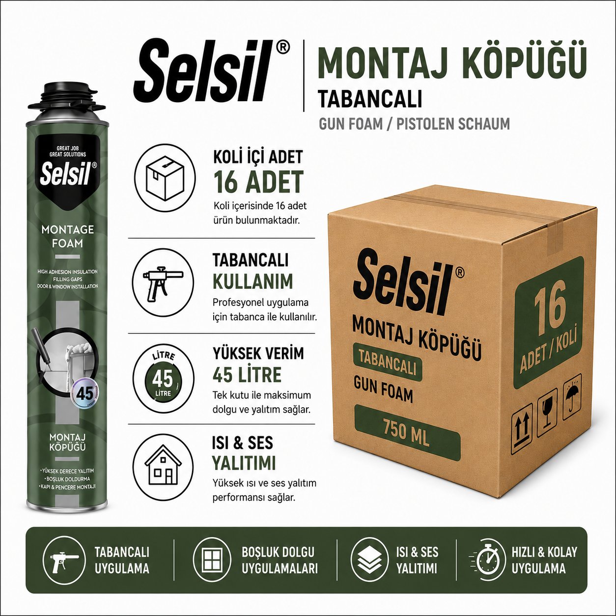 Selsil PU Montaj Köpüğü 750ML | Isı ve Ses Yalıtım KöpüğüSelsilSelsil Pu Montaj Köpüğü 750ML Tabancalı-16'lı KoliPu-750-TB