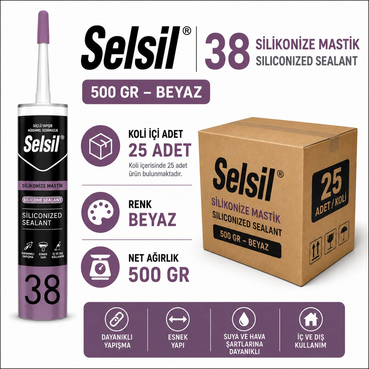 Selsil Silikonize Akrilik Mastik Beyaz 500 Gr | Boyanabilir Elastik MastikSelsilSelsil Silikonize Mastik-500 Gr Beyaz 25'li KoliSM-500-BYZ