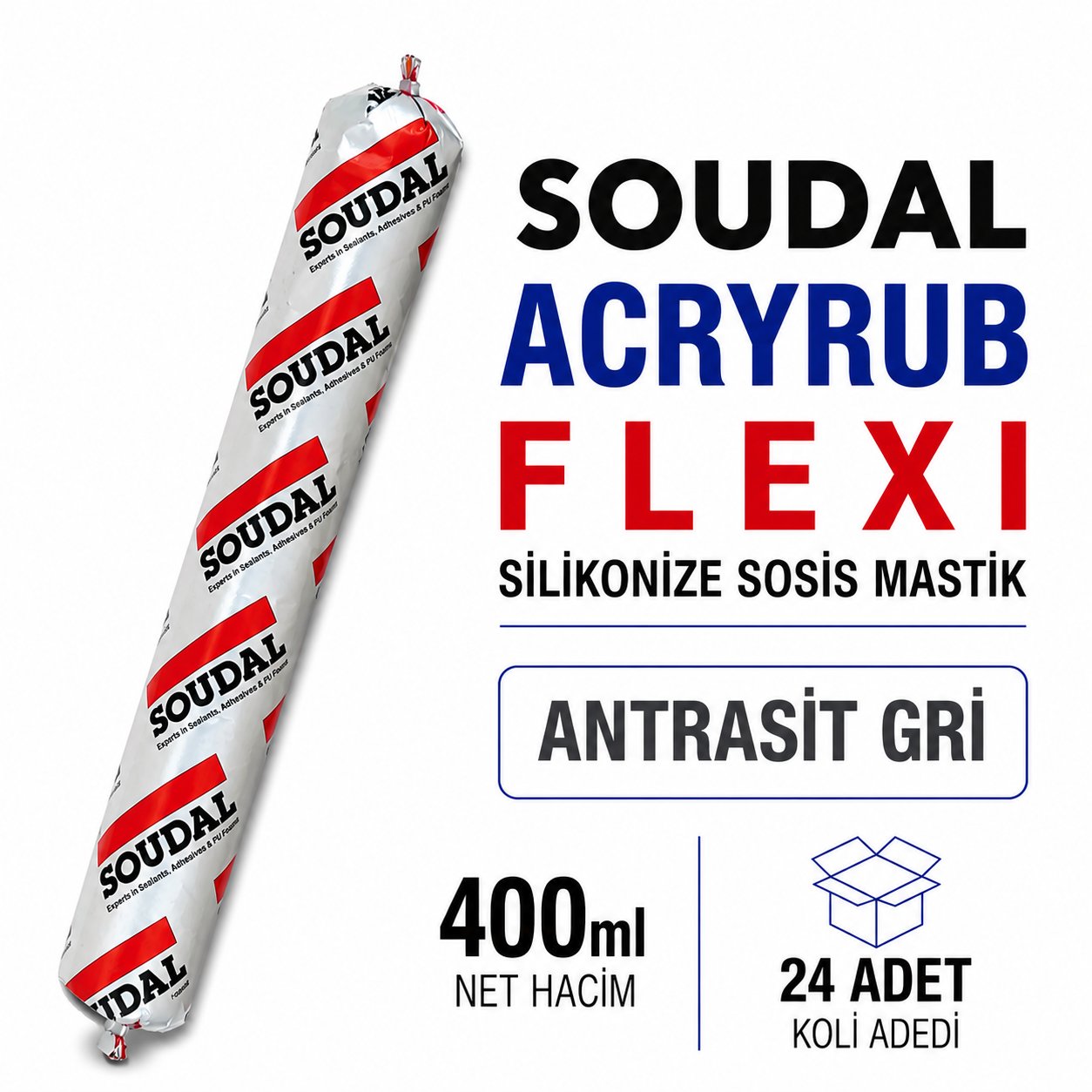 Soudal Acryrub Flexi Antrasit Gri Akrilik Silikonize Sosis Mastik 400 ml | Toolora MarketSoudalSoudal Acryrub Flexi Silikonize Antrasit Gri Sosis Mastik 400ml-(30 Adet)FlexiSosis-Byz