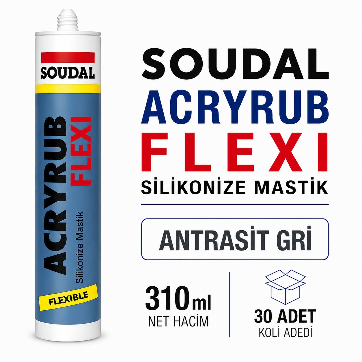 Soudal Acryrub Flexi Antrasit Gri Akrilik Silikonize Mastik 310 ml | Toolora MarketSoudalSoudal Acryrub Flexi Silikonize Antrasit Gri Mastik 310ml-(30 Adet)Flexi-Ant.Gri
