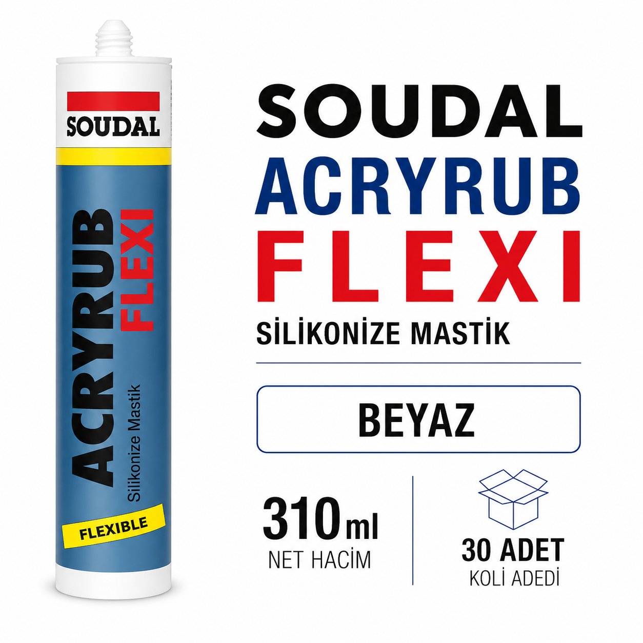 Soudal Acryrub Flexi Beyaz Akrilik Silikonize Mastik 310 ml | Toolora MarketSoudalSoudal Acryrub Flexi Silikonize Beyaz Mastik 310ml-(30 Adet)Flexi-Byz