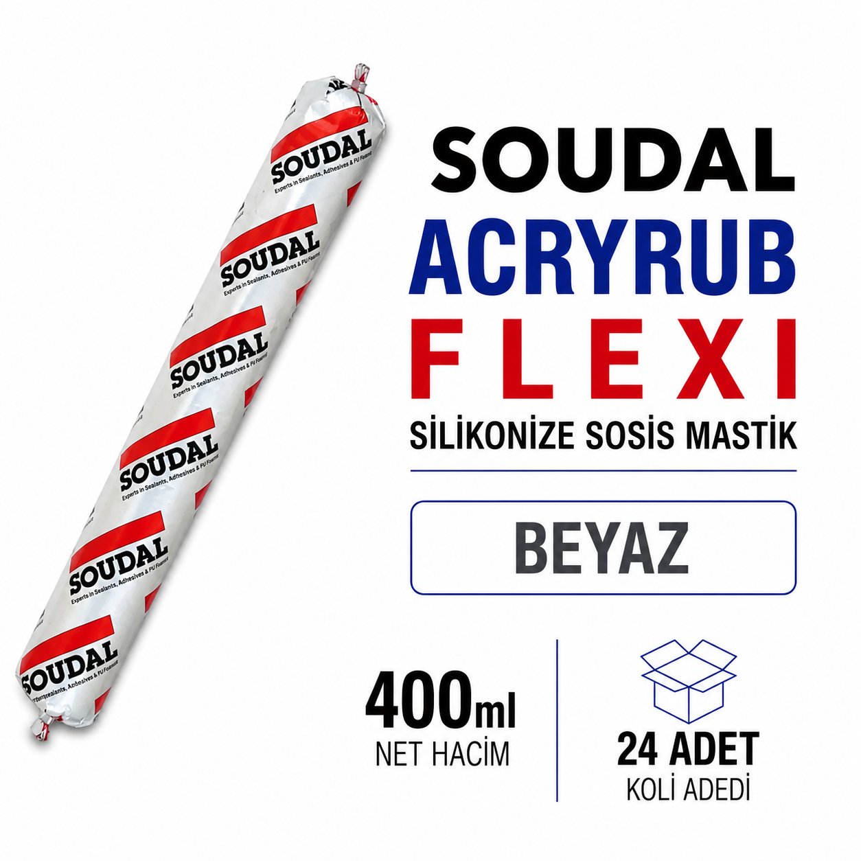 Soudal Acryrub Flexi Beyaz Akrilik Silikonize Sosis Mastik 400 ml | Toolora MarketSoudalSoudal Acryrub Flexi Silikonize Gri Sosis Mastik 400ml-(30 Adet)FlexiSosis-Gri