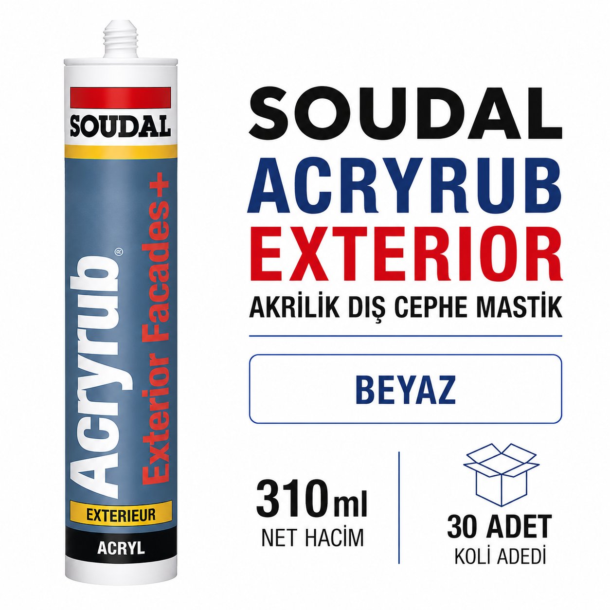 Soudal Acryrub Exterior Façades+ Beyaz Akrilik Dış Cephe Mastiği 310 ml | Toolora MarketSoudalSoudal Exterior 310ML Beyaz Akrilik Dış Cephe Mastiği-30 AdetExt-310-Byz