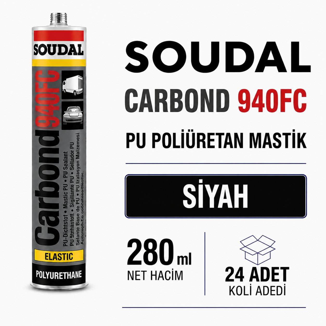 Soudal Poliüretan Mastik 940FC Siyah 280 ML (24 Adet) - Güçlü ve Esnek BağlantıSoudalSoudal Poliüretan Mastik 280 Ml 940Fc Siyah -(24 Adet)275.07.940S