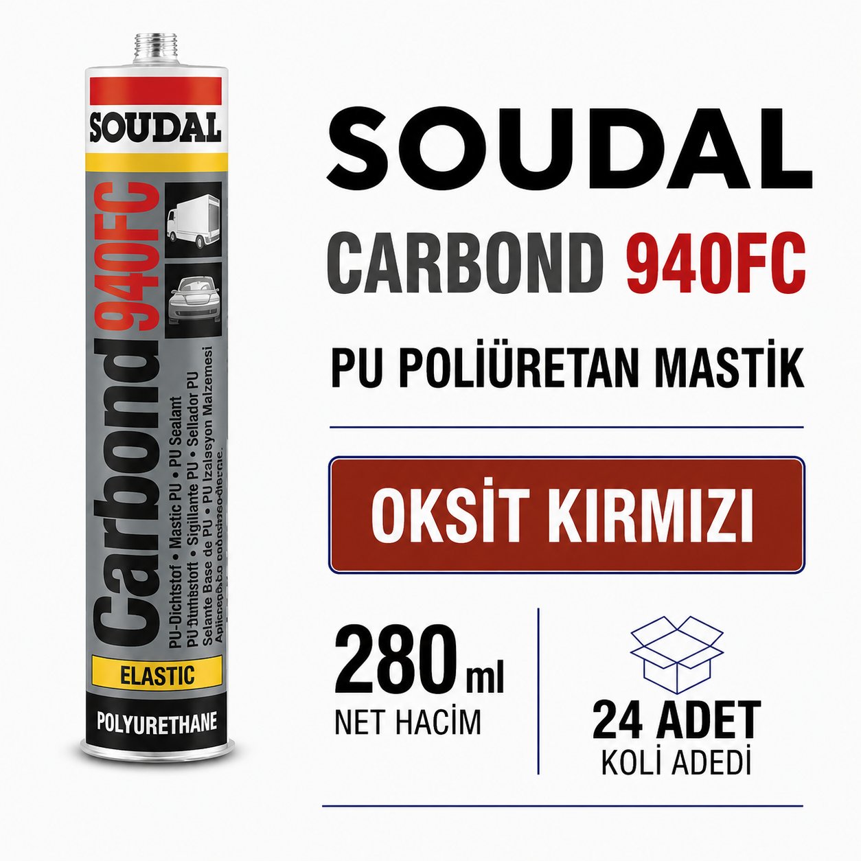 Soudal Poliüretan Mastik 940FC Oksit Kırmızı 280 ML (24 Adet) - Güçlü ve Esnek BağlantıSoudalSoudal Poliüretan Mastik 280 Ml 940Fc Oksit Kırmızı -(24 Adet)275.07.940S