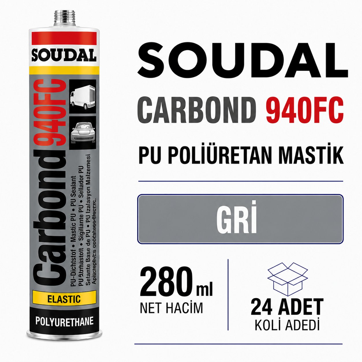  Soudal Poliüretan Mastik 940FC Gri 280 ML (24 Adet) - Çok Amaçlı Dolgu ve YapıştırıcıSoudalSoudal Poliüretan Mastik 280 Ml 940Fc Gri -(24 Adet)275.07.940G