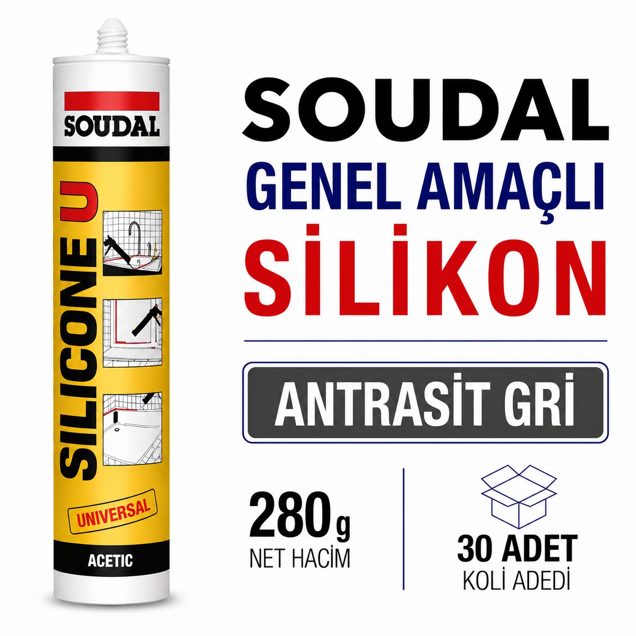 Soudal Silikon 280 Gr Gri - 30'lu Koli - Genel Amaçlı MastikSoudalSoudal Silikon 280 Gr Antrasit Gri-(30 Adet)275.04.280G