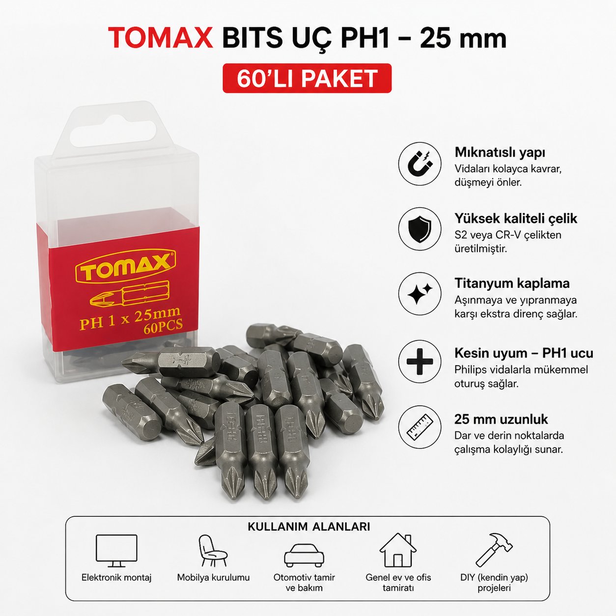  Tomax Yıldız Bits Uç PH1 25 mm (60'lı Paket)TomaxTomax Bits Uç Ph1 25 Mm-(60'lı Paket)114.28.H125