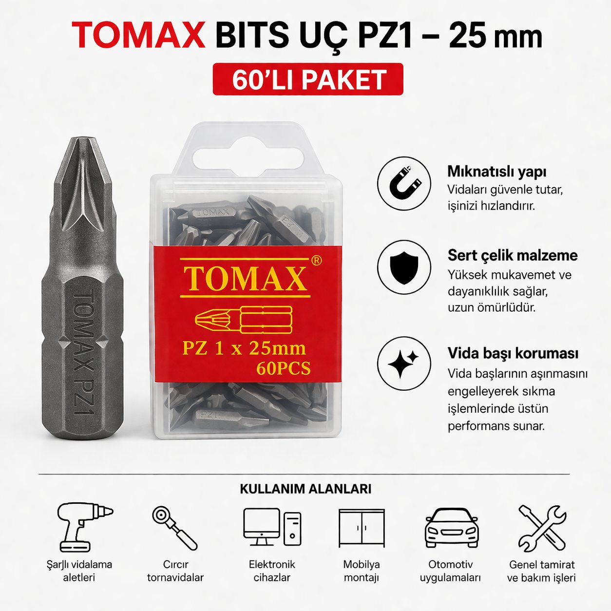  Tomax Pozidriv Bits Uç PZ1 25 mm (60'lı Paket)TomaxTomax Bits Uç Pz1 25 Mm-(60'lı Paket)114.28.P125