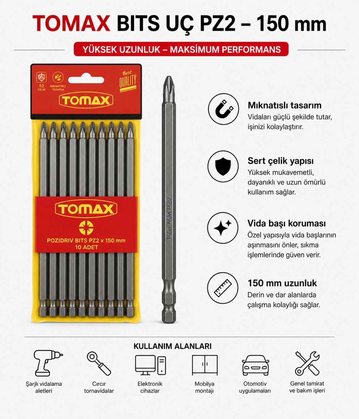 Tomax Süper Uzun Pozidriv Bits Uç PZ2 150 mm (10'lu Paket)TomaxTomax Bits Uç Pz2 150 Mm-(10'lu Paket)114.28.P290