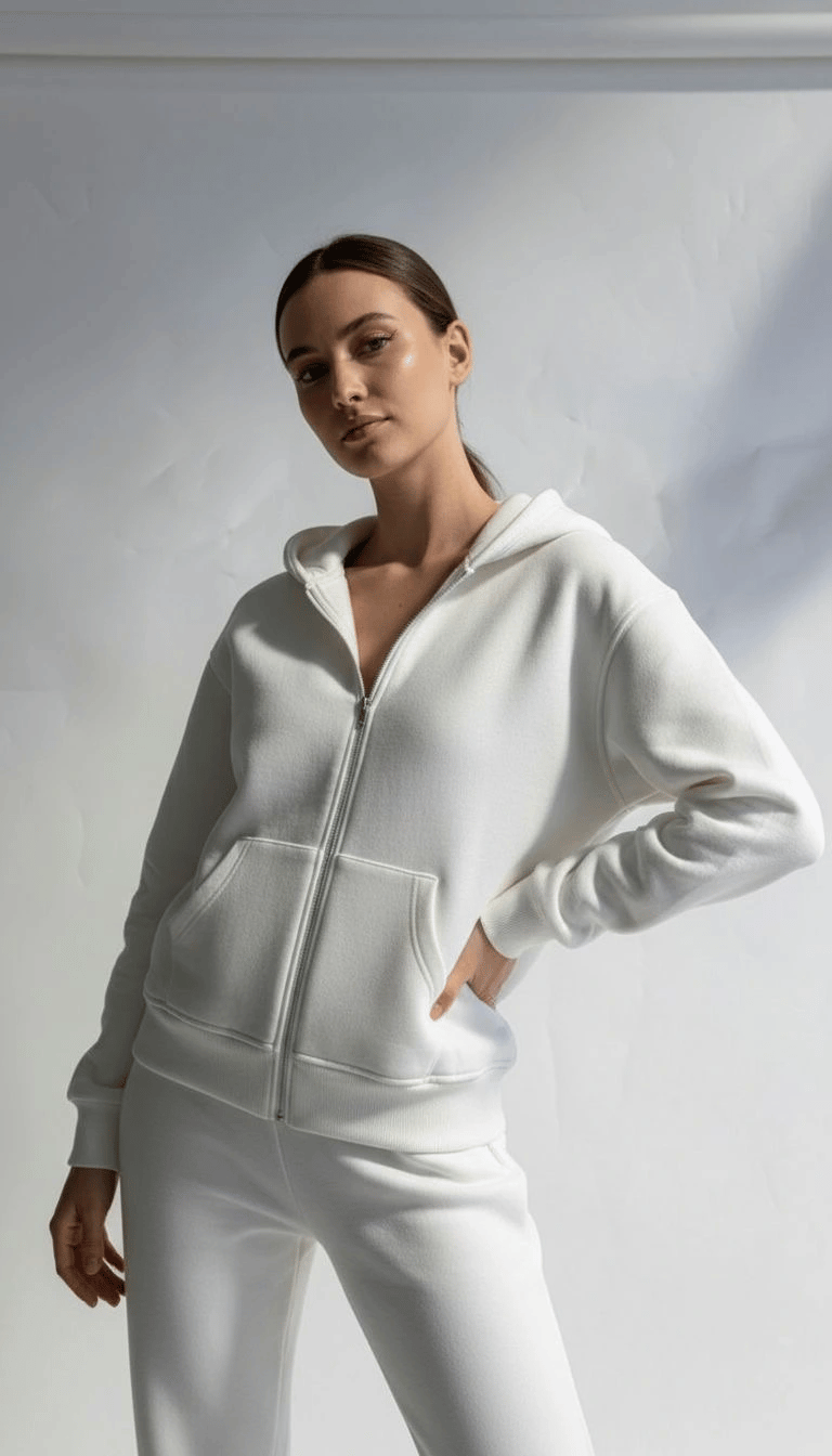 3 iplik şardonlu kapşonlu hoodie frm beyaz p510437