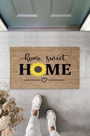 Bej Kapı Önü Paspası Home Sweet Home Papatyalı Desen  K-3342