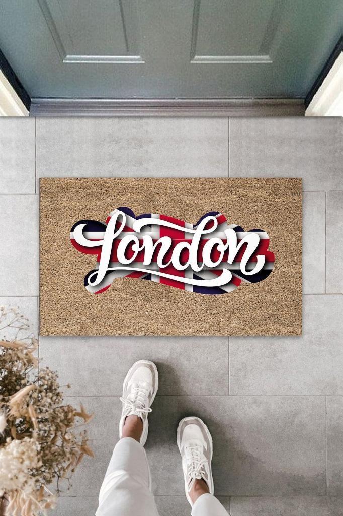 Dijital Baskı Bej London Bayrak Paspas K-3024