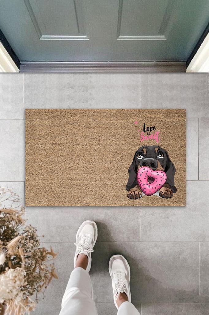 Dijital Baskı Kahverengi Love Sweet Pembe Uzun Kulaklı Köpek Dekoratif Kapı Paspası K-2056