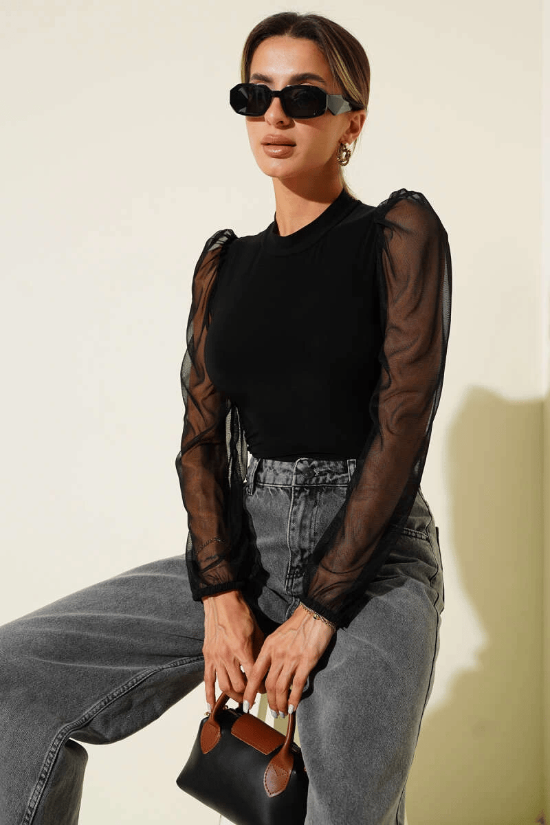 Dik yaka tül kollu bluz siyah t3066