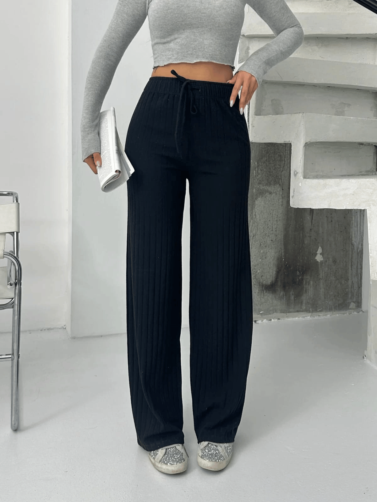 Fitilli şardonlu pantolon siyah a4058