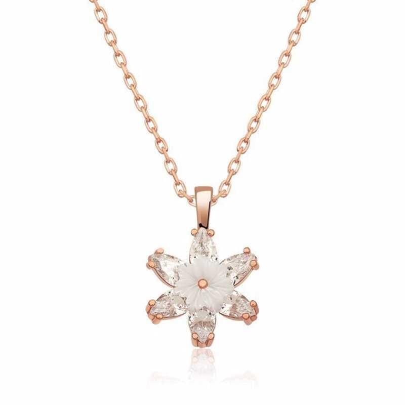 Gümüş Rose Beyaz Lotus Çiçeği Kolye