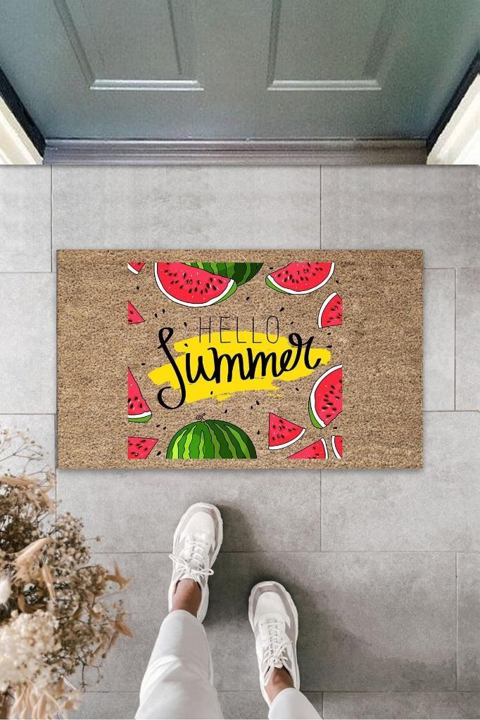 Kahverengi Kapı Önü Paspası Hello Summer Karpuz Dilimleri Desen  K-3267